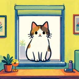cute cat sitting straigh in window of motel room, illustrated by james warhola and greg rutkowski