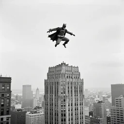 old black and white photo, 1 9 2 5, depicting batman jumping from the top of a skyscraper of new york city, rule of thirds, historical record