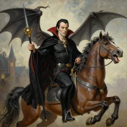 Painting of Vlad Dracula holding Stribog SP9 and sitting on a laughing horse