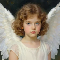 a cute seven year old girl with short wavy curly light brown hair and blue eyes with angel wings by artgerm and greg rutkowski and alphonse mucha