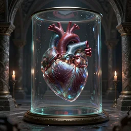 a real human heart inside glass and framework, inside a medieval crypt, grimdark magic ritual, 8 k, realistic render, octane render, unreal engine
