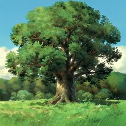 giant ash tree on landfield, gouache backdrop film still by studio ghibli