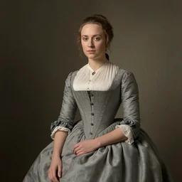 portrait of Alicia Vikander wearing grey 1850 dress, in the style of the Hudson River School