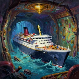 Colorful, creepy Craig Mullins landscape painting of detailed interior of a shipwrecked flooded ruined cruise ship, anime key visual