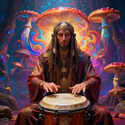 an amanita shaman playing frame drums to invoke the spirits, visionary art, psychedelic vibrant colors, cinematic, establishing shot, extremly high detail, octane render post processed, artstation, matte painting,