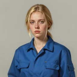 portrait of a woman by greg rutkowski, she is about 3 0 years old, pretty, blond hair with two strans around her face, slavic features, melancholic gaze, pretty aquiline nose, she is wearing a blue utilitarian jumpsuit, highly detailed portrait, digital painting, artstation, concept art, smooth, sharp foccus ilustration, artstation hq