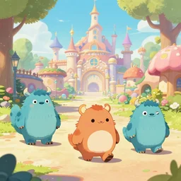 cute furry monsters walking a fantasy theme park, fantasy, concept art, artstation, disney, pixar, dreamworks, anime