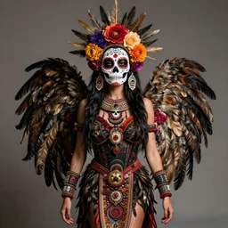 changeling satyr lady, mid - waist self - portrait, perfect symmetry, intricate, dia de los muertos, skulls and flowers mask, aztec ultra detailed feathered dress 4 k resolution, octane rendering, ultra realistic, photo realism, beeple, 3 0 mm