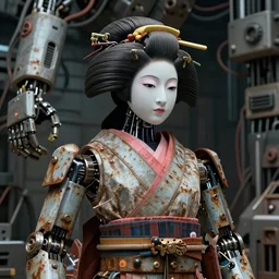 Portrait photo of a slightly rusty, beaten-up Japanese robotic geisha with wires and actuators in a technological megastructure, dramatic lighting, hyper-realistic, ultra-realistic, concept art, intricate details, 8K Ultra High Definition, digital art