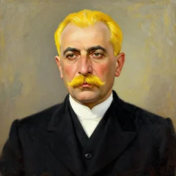 a man looking like mustafa kemal ataturk, with yellow short haired and yellow moustache, black suit, white shirt, oil painting on canvas
