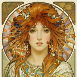 realistic detailed face portrait of an elaborately dressed beautiful lionfish goddess by alphonse mucha, ayami kojima, amano, charlie bowater, karol bak, greg hildebrandt, jean delville, and mark brooks, art nouveau, pre - raphaelite, gothic, neogothic, coral reef by ernst haeckel, fantasy character concept design, moody colors