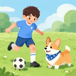 illustration of french boy playing football with a corgi who is wearing a polka dot scarf