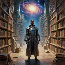 a breathtaking 8 k resolution matte painting of a black boy wearing cyberpunk robes inside a vast and endless four dimensional solarpunk library a the end of the galaxy, timbuktu, in a symboloic and meaningful style, by m. c. escher and greg rutkowski and zdislaw beksinki, radiant lighting