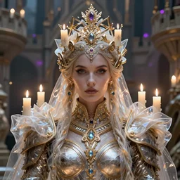 epic ultra detailed realistic portrait of beautiful queen in incredible armor made of candles and translucent fabric. in the castle magic, concept art, incredible face. intricate, elegant. art by wlop and artgerm and greg rutkowski. background my james jean