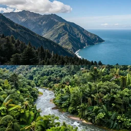 two completely different landscapes, professional photography, mountains, ocean, river, forest, forest, forest, forest