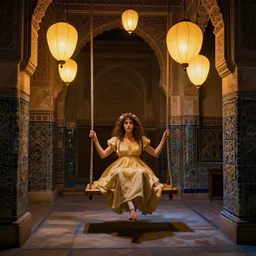 The Swing into Eternity by Annie Swynnerton and Nicholas Roerich and jean delville, glowing paper lanterns, strong dramatic cinematic lighting , ornate tiled architecture, lost civilizations, smooth, sharp focus, extremely detailed