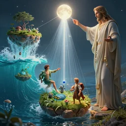evolution of life toward man in 4 steps, from the sea to the land, under supervision of the lord, lord connects using a wire made of light, picture, raytracing, dreamy, sharp focus, cinematic lighting, highly detailed, artstation, divine, by gauthier leblanc, kazuya takahashi, huifeng huang, michael angelo