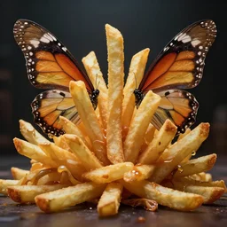 hyperrealistic dslr film still of amorphous french fries with butterfly wings, stunning 8 k octane comprehensive 3 d render, inspired by istvan sandorfi & greg rutkowski & unreal engine, perfect symmetry, dim volumetric cinematic lighting, extremely hyper - detailed, extremely lifelike attributes & lifelike texture, intricate, masterpiece, artstation, stunning
