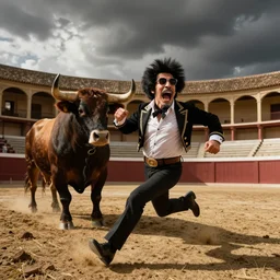 screaming bob ross running from a bull in pamplona spain