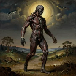 an ancient being made of veins and muscle tissue, elegant, dark, by ambrosius benson, by fernando botero, a touch of giuseppe arcimboldo, realistic, renaissance, zoomed out, epic shot, on path to enlightenment