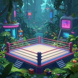amazing detailed symmetric rendering nintendo 64 upsampled to 4k, volumetric lighting, depth of field, futurisitic urban neon boxing ring in a jungle swamp rainforest