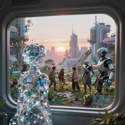a cinematic composition depicting : a translucid crystal being, behind their hud viewing out of their window how a high tech lush solarpunk tribe collaborating with their technologic android helpers encroaching on a distant cyberpunk world at sunrise