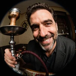saul berenson from homeland, ultra hd photo, 3 5 mm close up, fish eye, realistic, smiling, holding a hookah