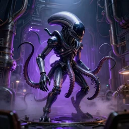 7 0 mm portrait of a wet black metallic chrome mass effect robotic cthulhu lovecraft octopus xenomorph alien in a science fiction steampunk tesla coil hyper dimensional fusion generator engine room, pipes, wires, dramatic lighting, octane, purple lights, lens flare, industrial, dirty, trending on artstation, golden ratio, mist, action, volumetric lighting
