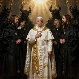 worship of the pope, royal robe, gold trim, people in black, demons, light effect, hyper detailed, intricate, atmospheric, elegant, photorealistic by michael komarck, greg rutkowski, victo ngai, artgerm, willem claesz heda and j. dickenson