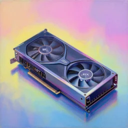 a painting by Wayne Thiebaud of a high end Nvidia GPU RTX, cooling, high specs, ethereal!!!!!!!, by Wayne Thiebaud, neon gradient, highly detailed GPU