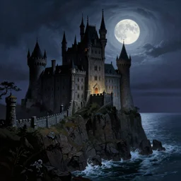 an evil castle on a cliff above the ocean, night time, full moon, frank frazetta