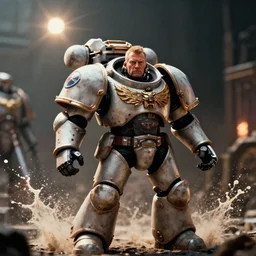 nigel farage as a space marine in warhammer space marine, splash art, movie still, cinematic lighting, dramatic, octane render, long lens, shallow depth of field, bokeh, anamorphic lens flare, 8 k, hyper detailed, 3 5 mm film grain