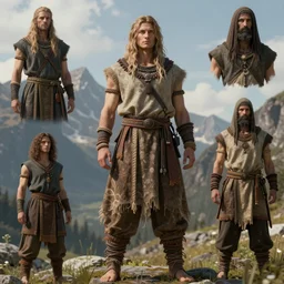 natural light, dissolution filter ,turbulence filter, costume design made by nordic tribes, sophisticated composition, old masters light composition, artist reference images pose, procedurally generated, epic human character posing for concept art, beautiful mountains behind, substance designer, PBR, HD, Ultra detailed, hyperrealistic, megascans, volumetric light, concept by master artist, made in paint tool SAI2, trending pixiv face