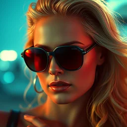 film still from barb wire, closeup portrait of pinup synthwave 8 0 s gorgeous confident pamela anderson wearing sunglasses, varga, digital art, greg rutkowski,