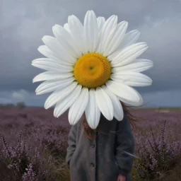 portrait, enormous daisy flower head, a girl wearing a coat in a heather field, surreal photography, wind and cold, dramatic sky, impressionist painting, digital painting, artstation, simon stalenhag