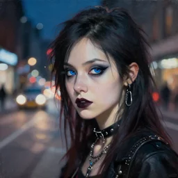 detailed portrait of a goth punk girl with blue eyes in the city street at night, bokeh, long exposure, painting by jeremy lipking christopher doyle