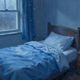 a blue painting of a bed seen through a rain - covered window, raindrops on glass, digital painting, artstation, concept art, smooth, dynamic lighting by delphin enjolras, ultrarealistic, cinematic, octane render, 8 k