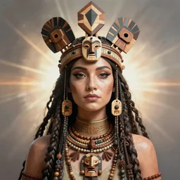 portrait hyperborean priestess with geometric headdress and ethnic mask, low poly, boho style, rich wooden jewerly, concept art, by boris vallejo, deak ferrand, and greg rutkowski and rhads