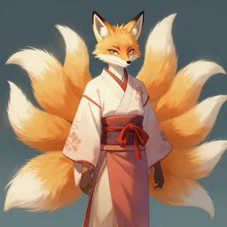 An beautiful digital painting of Ssunbiki with fox ears and nine tails wearing a kimono, by Stanley Artgerm Lau, WLOP, Rossdraws, James Jean, Andrei Riabovitchev, Marc Simonetti, and Sakimichan, tranding on artstation, SFW version