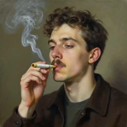 a surreal painting of a young man with a horseshoe mustache smoking a joint
