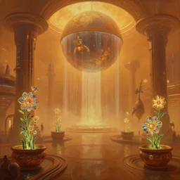 dramatic perspective a minimalist bioluminescent oil painting by donato giancola and chriss foss, warm coloured, cinematic scifi luxurious futuristic foggy steam filled spaceport with a giant orb in waterfalls with microscopy stained glass flowers growing out of pretty bulbous ceramic fountains, gigantic pillars and flowers, maschinen krieger, beeple, star trek, star wars, ilm, star citizen, mass effect, artstation, atmospheric perspective