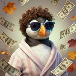 portrait, anthropomorphic puffin, striped bathrobe, curly hair, electric sunglasses, surrounded by floating autumn dollar bills, fantasy, detailed, intricate, luminescent, elegant, coherent, by mandy jurgens, hannah yata and kay sage, detailed, artstation