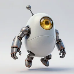 , a small chubby bot, smooth panelling, one large gold eye intricate detail, style of pokemon, with damaged rusty arms, broken antenna, recycled, floating, white studio, oil, mechanical, toy, ambient light, in the style of pixar animation, pokedstudios, blender, octane render, 8 k, gediminas pranckevicius