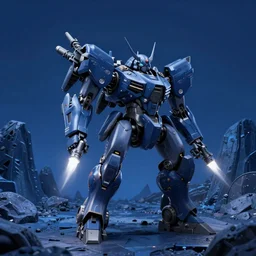 an armored core v by liam wong, booster flares, legs, laser rifles, karst landscape, outdoor, dark blue sky, cloud, wilderness ground, golden time, twilight ; wide shot, digital painting, photoreal, cinematic contrast, dynamic backlighting, sharp edge, motion blur
