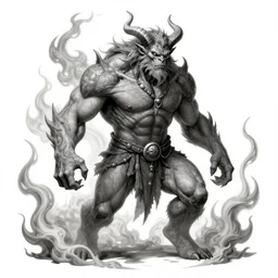 full body, grayscale, Gustave Dore, muscled humanoid balrog beast, horns, heroic pose, swirling flames