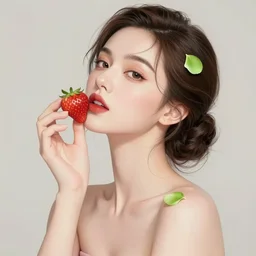 the portrait of an absurdly beautiful, graceful, elegant, sophisticated, vogue woman made of strawberries and green petals looking up, an ultrafine hyperdetailed illustration by kim jung gi, irakli nadar, intricate linework, bright colors, octopath traveler, final fantasy, unreal engine 5 highly rendered, global illumination, radiant light, detailed and intricate environment