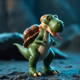 film still of yoshi in the new sci - fi movie, cute upright dinosaur standing on its hind legs with a small turtle shell and long tongue, 8 k