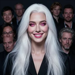 a fancy portrait a happy and beautiful women with long white hair and deep pink eye colour by greg rutkowski, sung choi, mitchell mohrhauser, maciej kuciara, johnson ting, maxim verehin, peter konig, 8 k photorealistic, cinematic lighting, hd, high details, dramatic, atmosphereric, trending on artstation