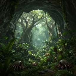 underground cave on an exotic alien planet with a lush jungle archway of antler trees in the background, leafy overgrowth, crustacean - like weeds, by ian miller, rodney matthews and artstation, octane, ue 5, photorealistic render