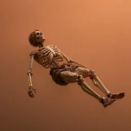 starving man floating and facing away, skin and bones, hazy orange background, trending on artstation, incredibly detailed, realistic, personal